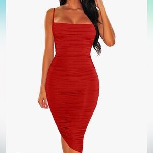 NEVER WORN Ruched Spaghetti Strap Bodycon Red Dress